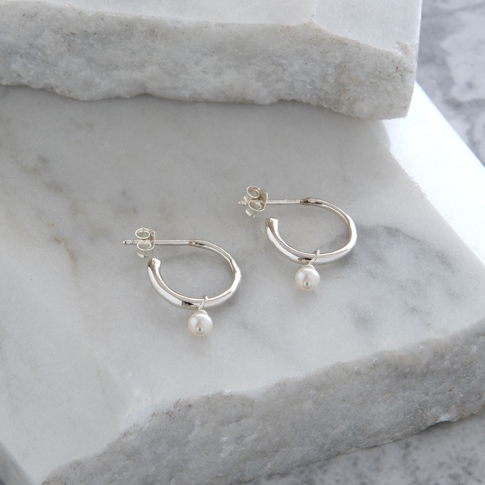 Half Hoop Earrings with Round Pearl Sterling Silver