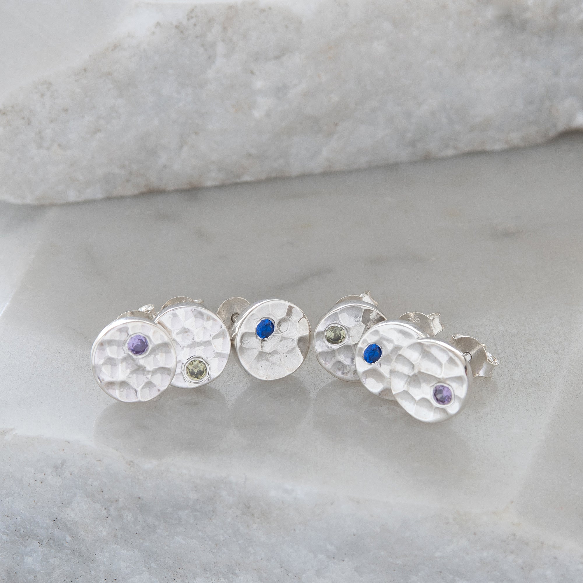 Hammered Birthstone Stud Earrings Sterling Silver