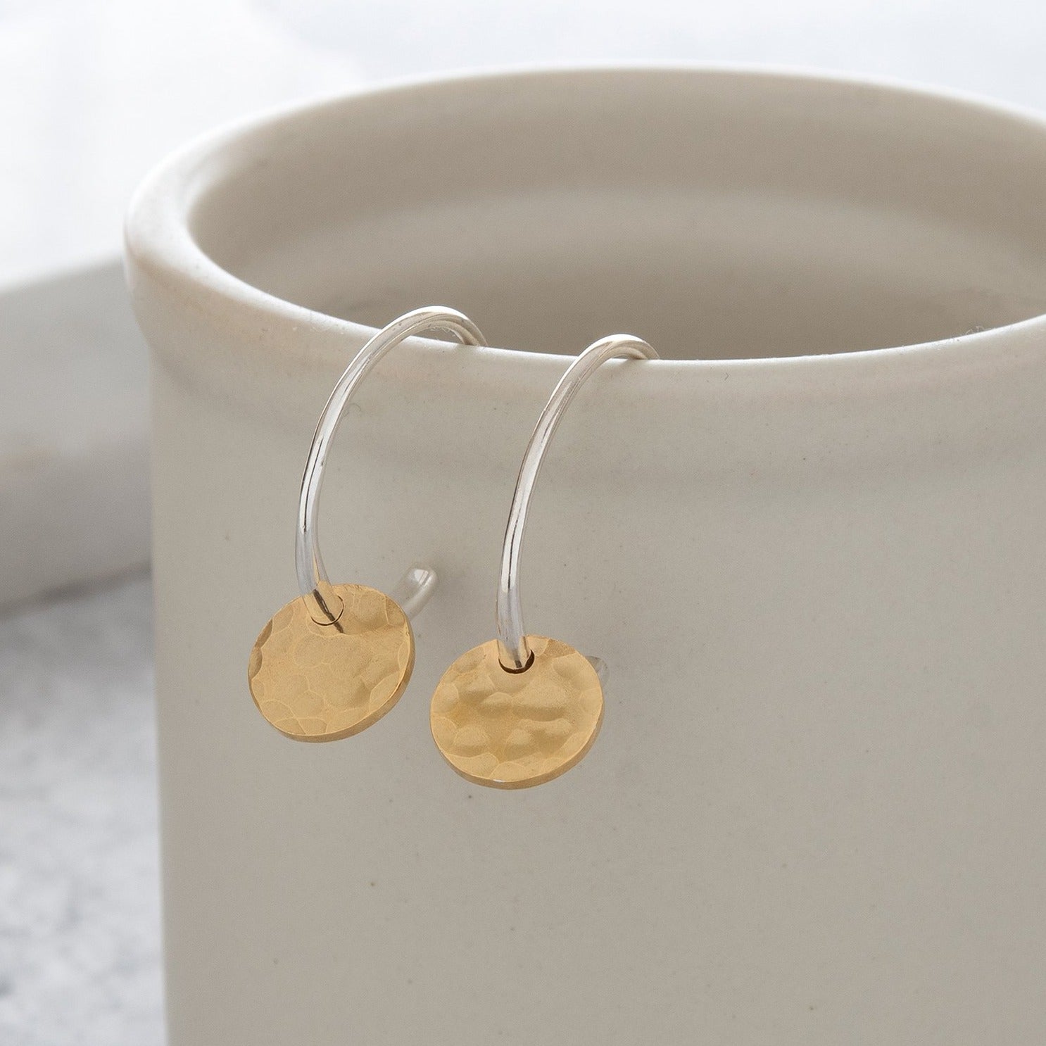 Half Hoop Earrings with Hammered Gold Vermeil Disc