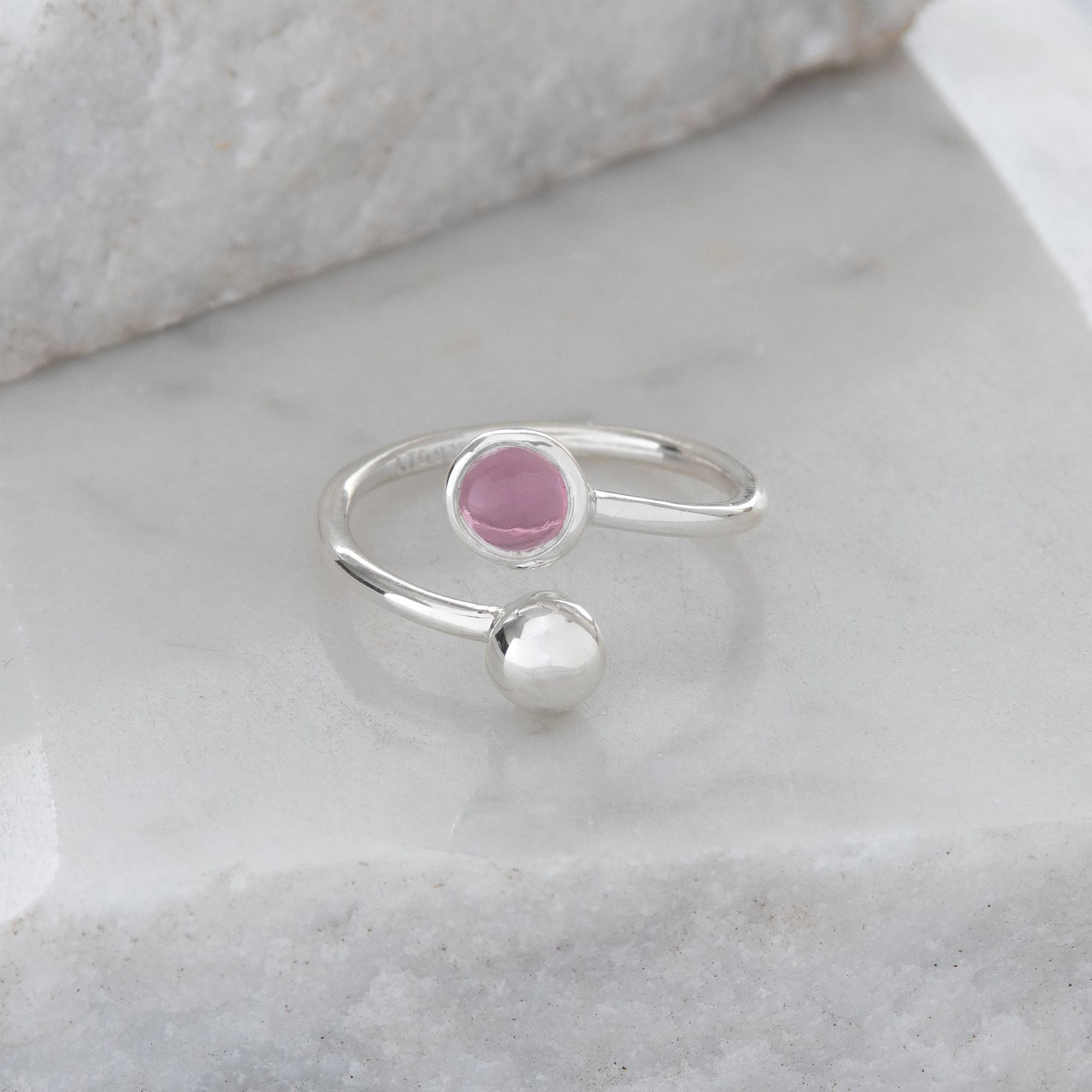 Pink Adjustable Birthstone Ring Sterling Silver October
