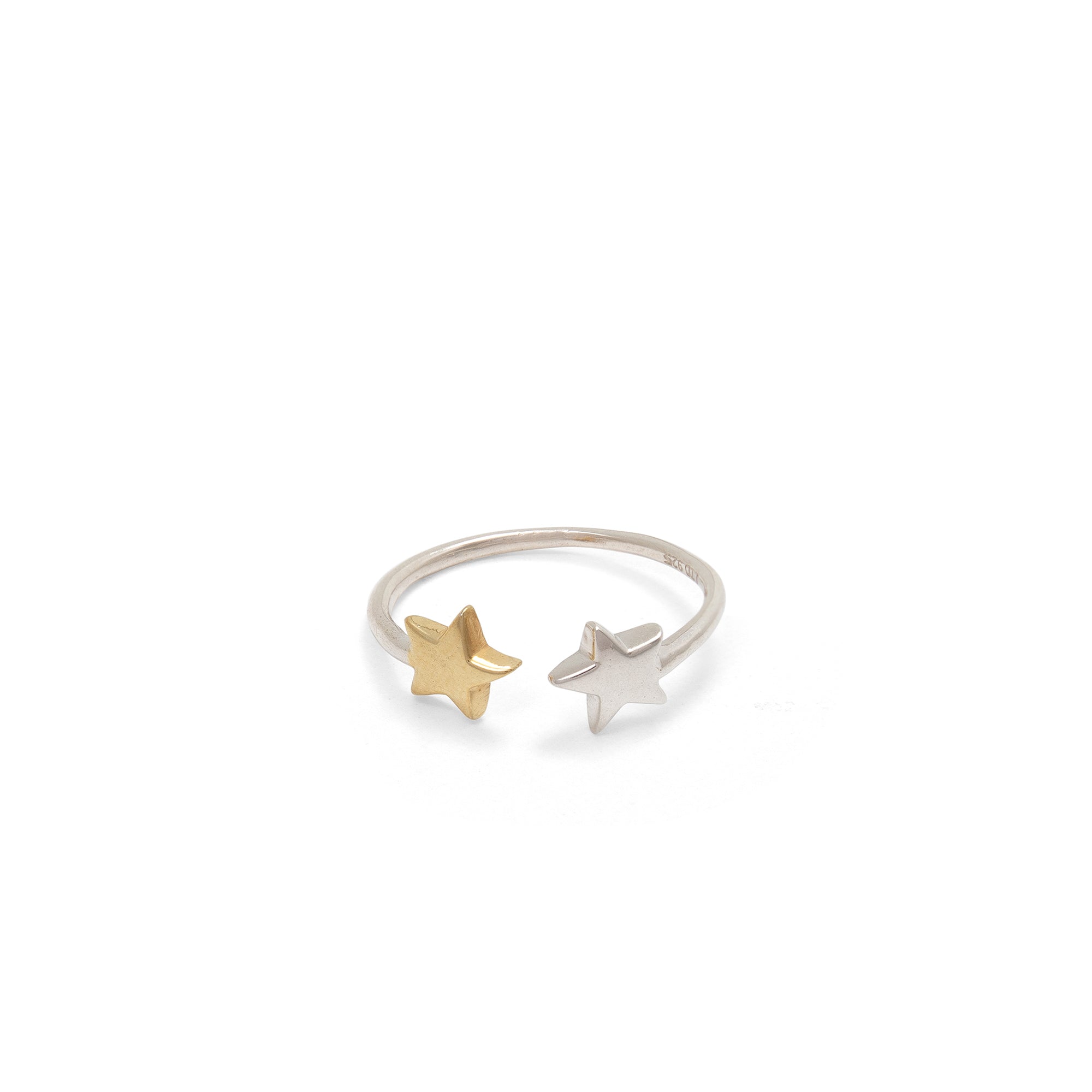 Adjustable Double Star Charm Ring Sterling Silver and Gold Vermeil
