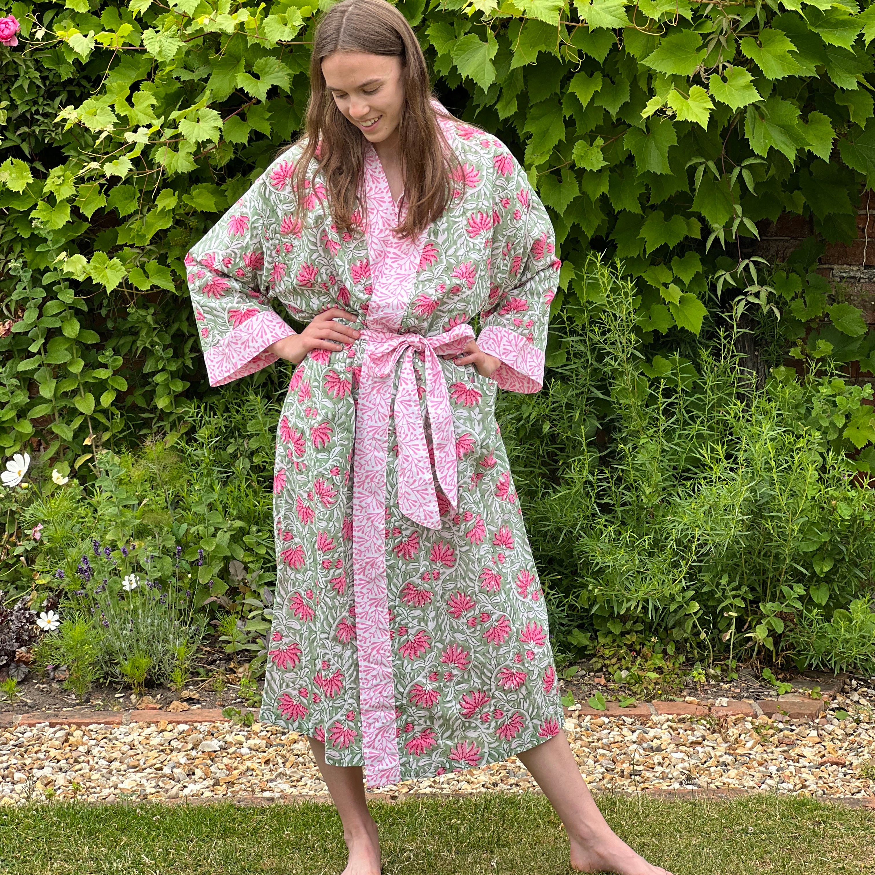 Pink and Green Jaipur Floral Cotton Full Length Kimono