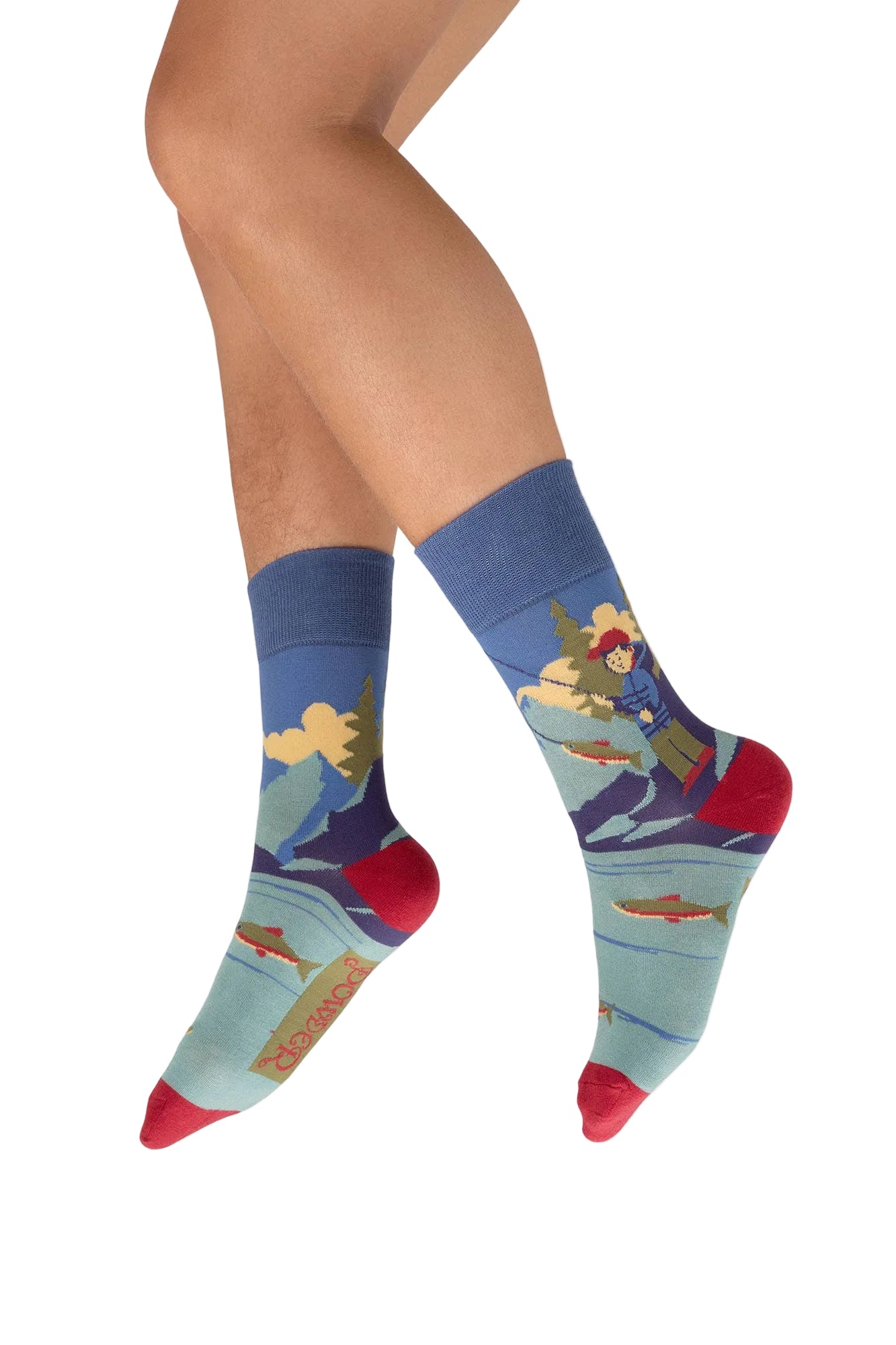 Colorful socks with fish design worn by a person on a white background