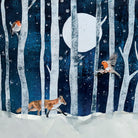 Winter scene with fox, birds, and full moon in a snowy forest