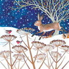 Winter scene with a rabbit, birds, and snowflakes on a blue background