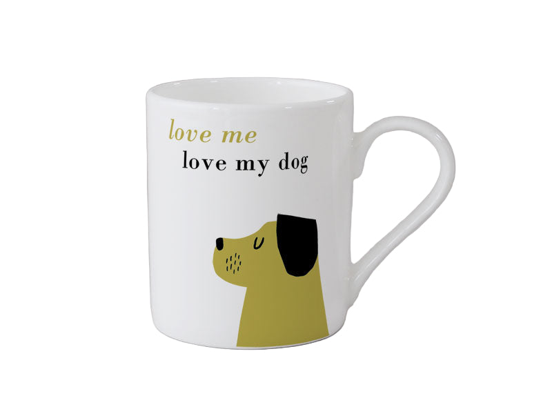 Mug with a dog illustration and text 'love me love my dog' on a gray background