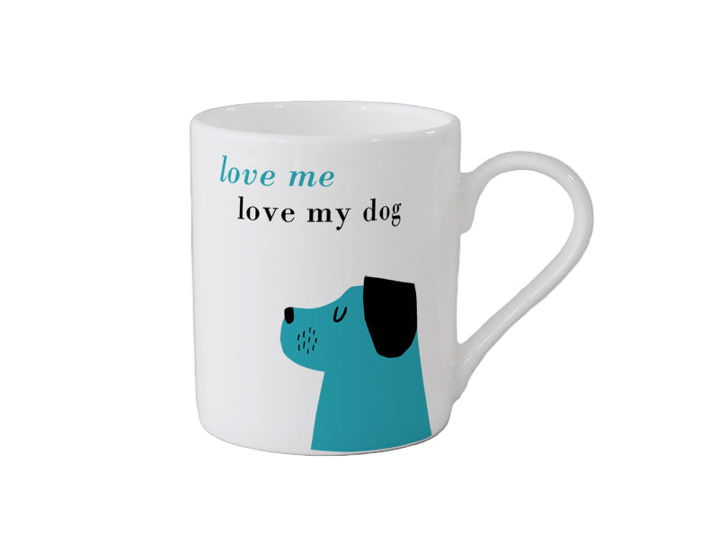 Mug with a dog illustration and text 'love me love my dog' on a gray background