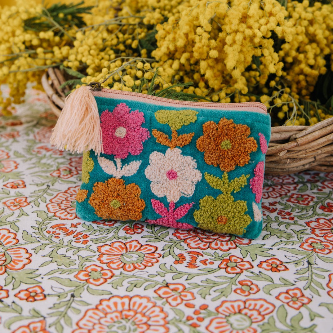 Small Multi Flower Velvet Purse Aqua