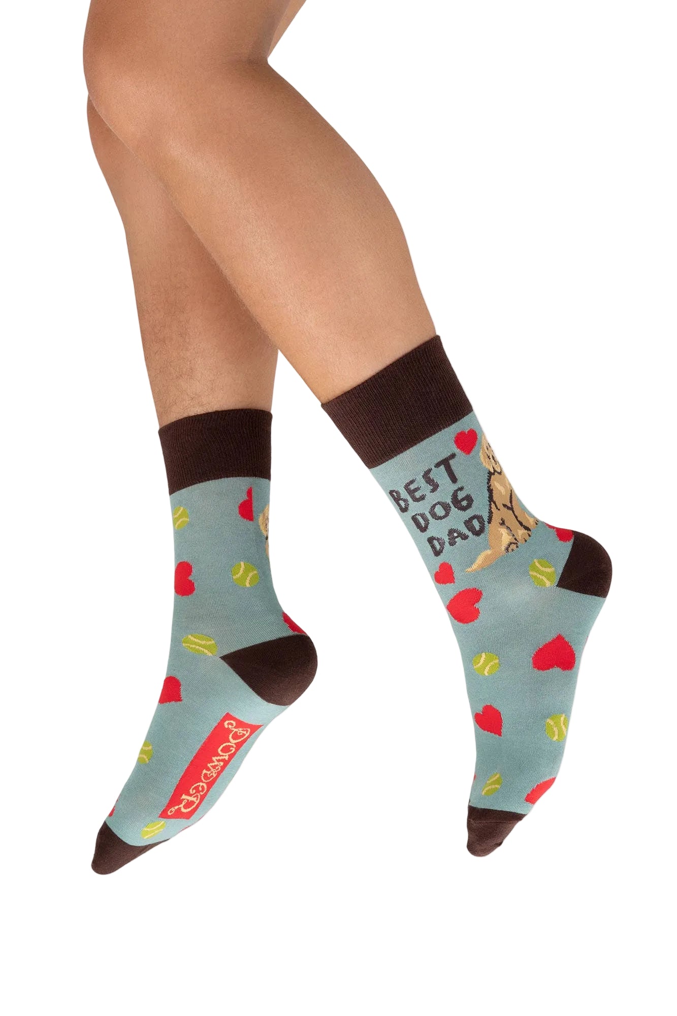Colorful socks with 'Best Dog Dad' text and heart designs on a white background