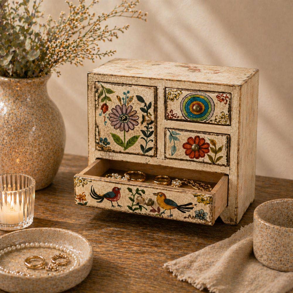 Decorative jewelry box with floral and bird designs on a wooden surface.