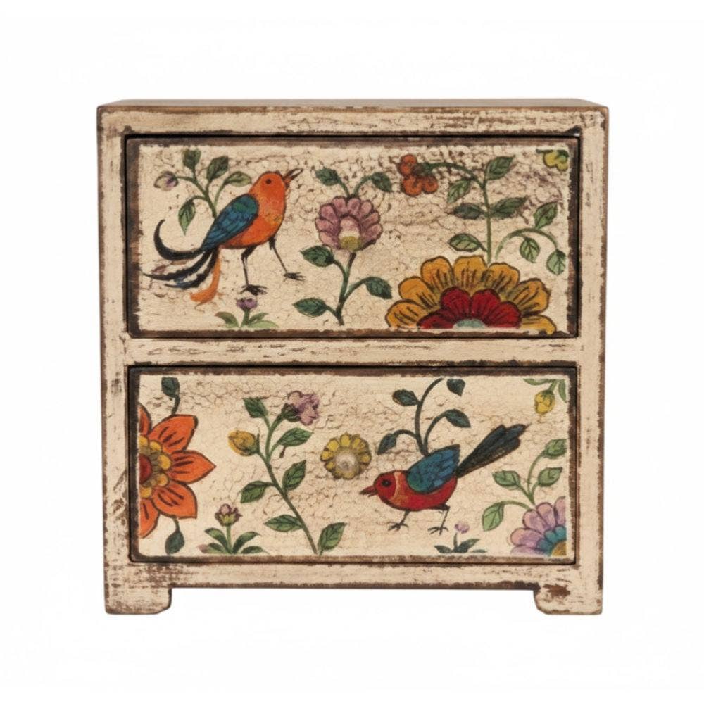 Small wooden box with hand-painted birds and flowers on a white background