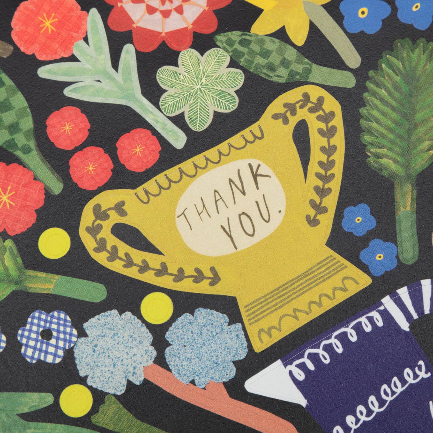 Colorful pattern with a yellow watering can and flowers on a dark background