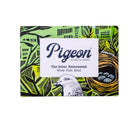 Pigeon letter writing set packaging with green and black design and white label on grey background