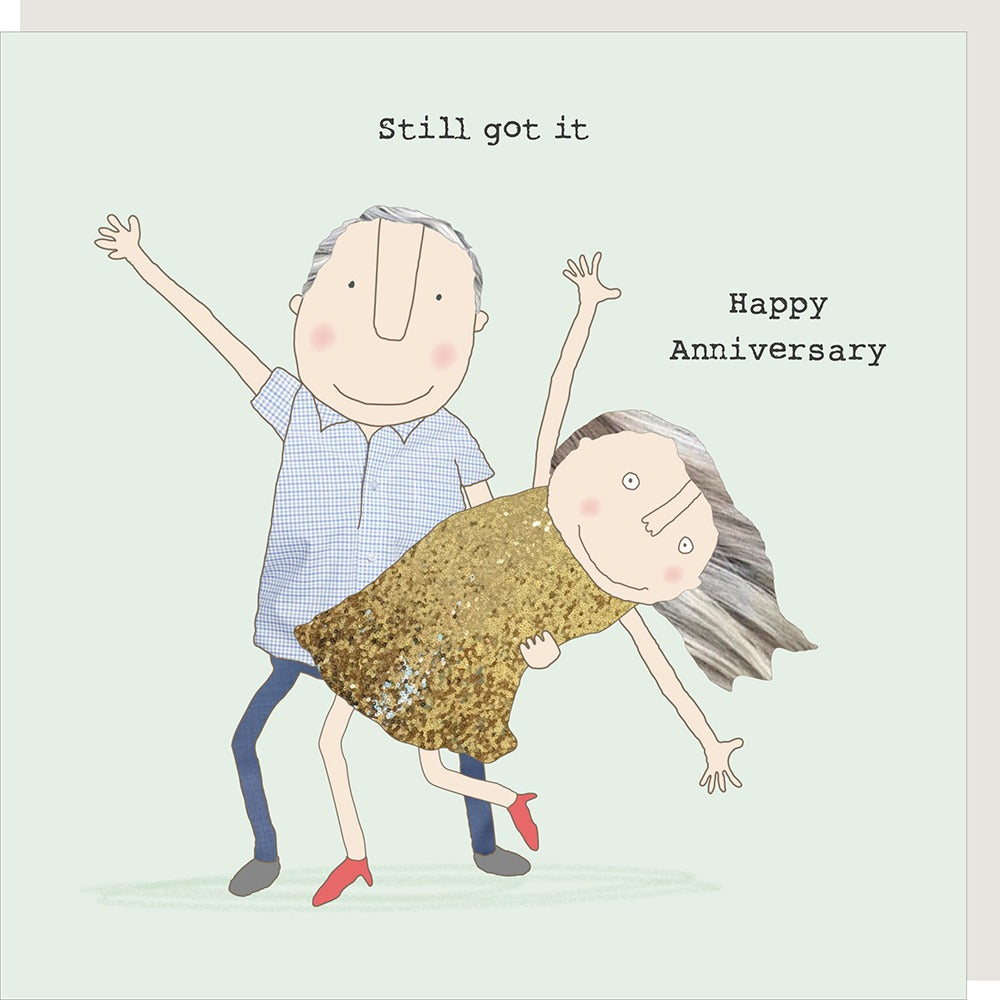 Illustrated card featuring a grey haired couple dancing on a light green background