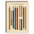 Card with illustrations of coloured pencils and markers on a beige background