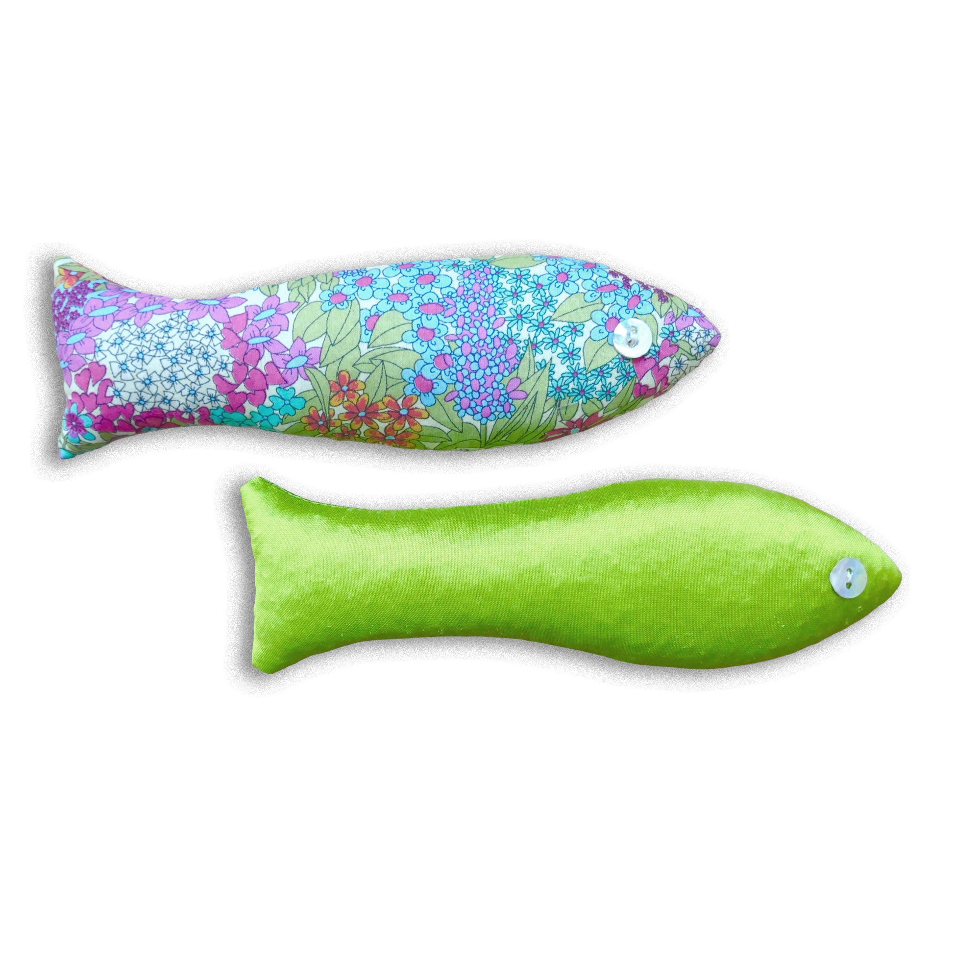 Two fish-shaped sachets - one floral and one green, on a white background