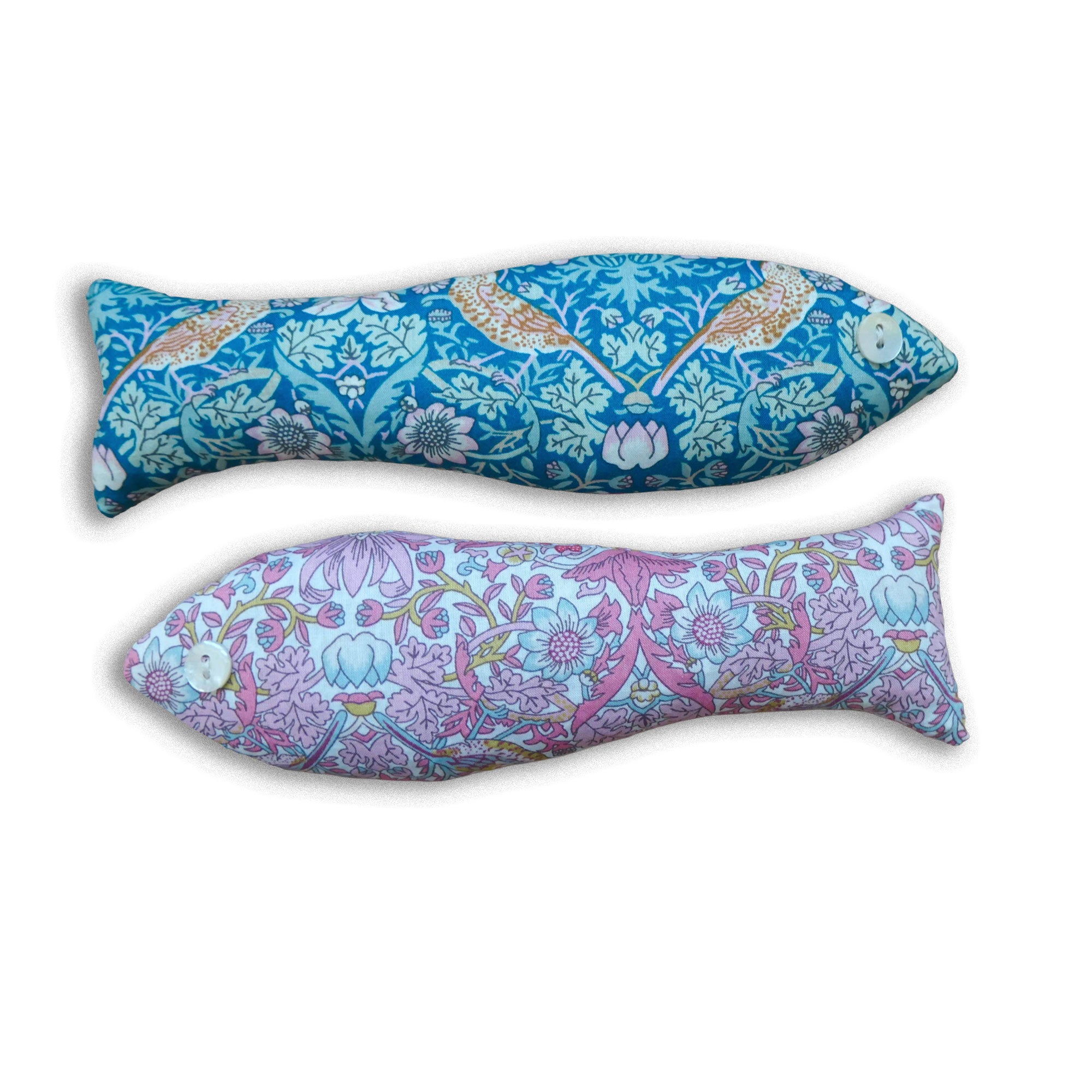 Two decorative sachets with floral patterns on a white background