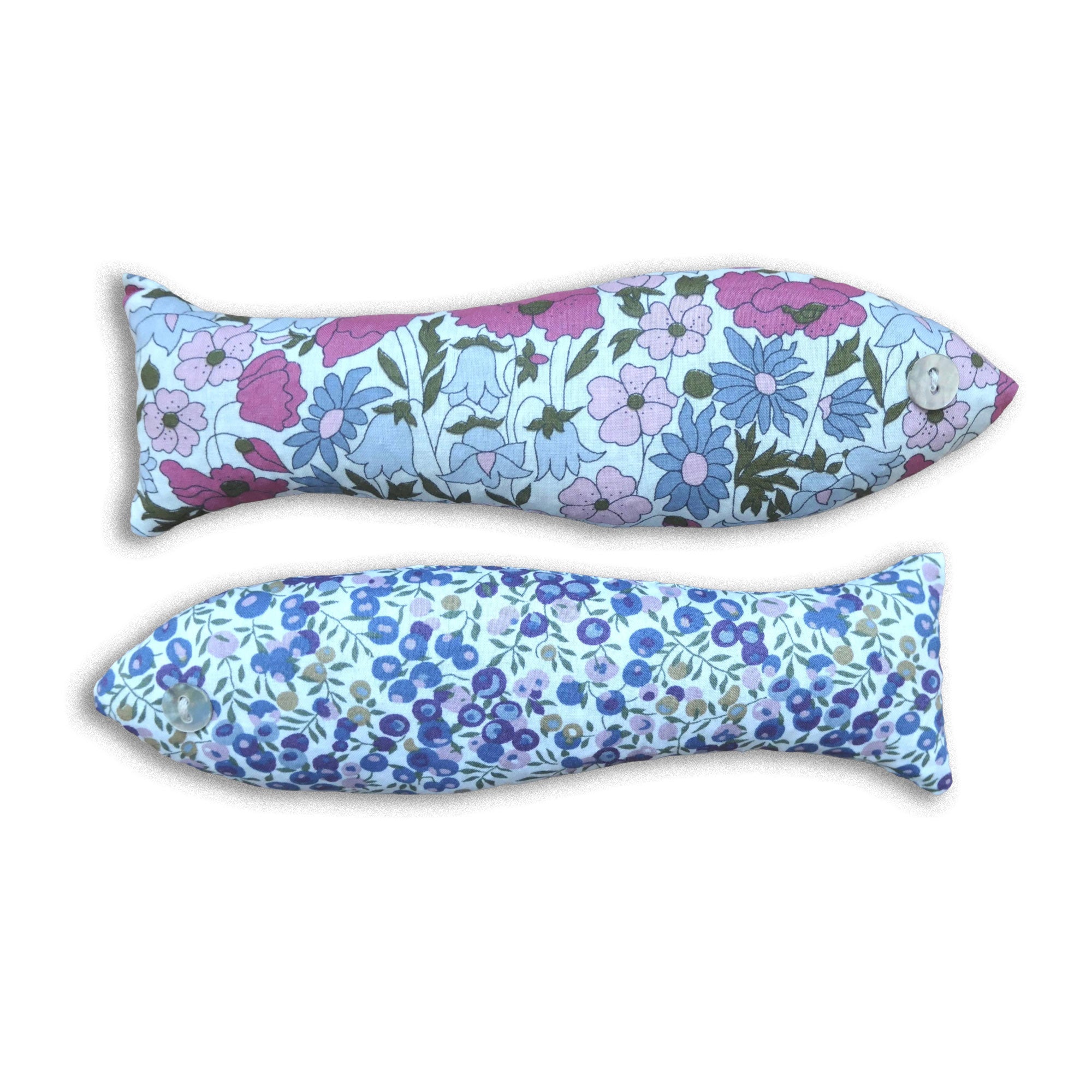Two floral-patterned fish shaped lavender sachets on a white background
