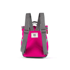 Back view of a pink backpack, showing a padded back and adjustable grey straps, shown on a white background