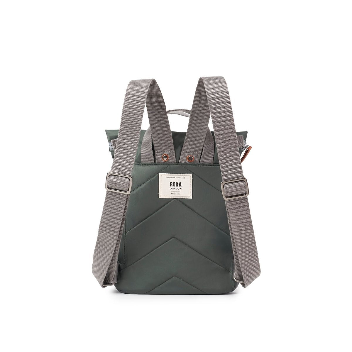Back view of a green backpack with grey straps on a white background showing padded back and adjustable straps