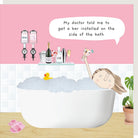 Greetings card showing a woman in a bathtub with drinks and a speech bubble, set against a pink wall.