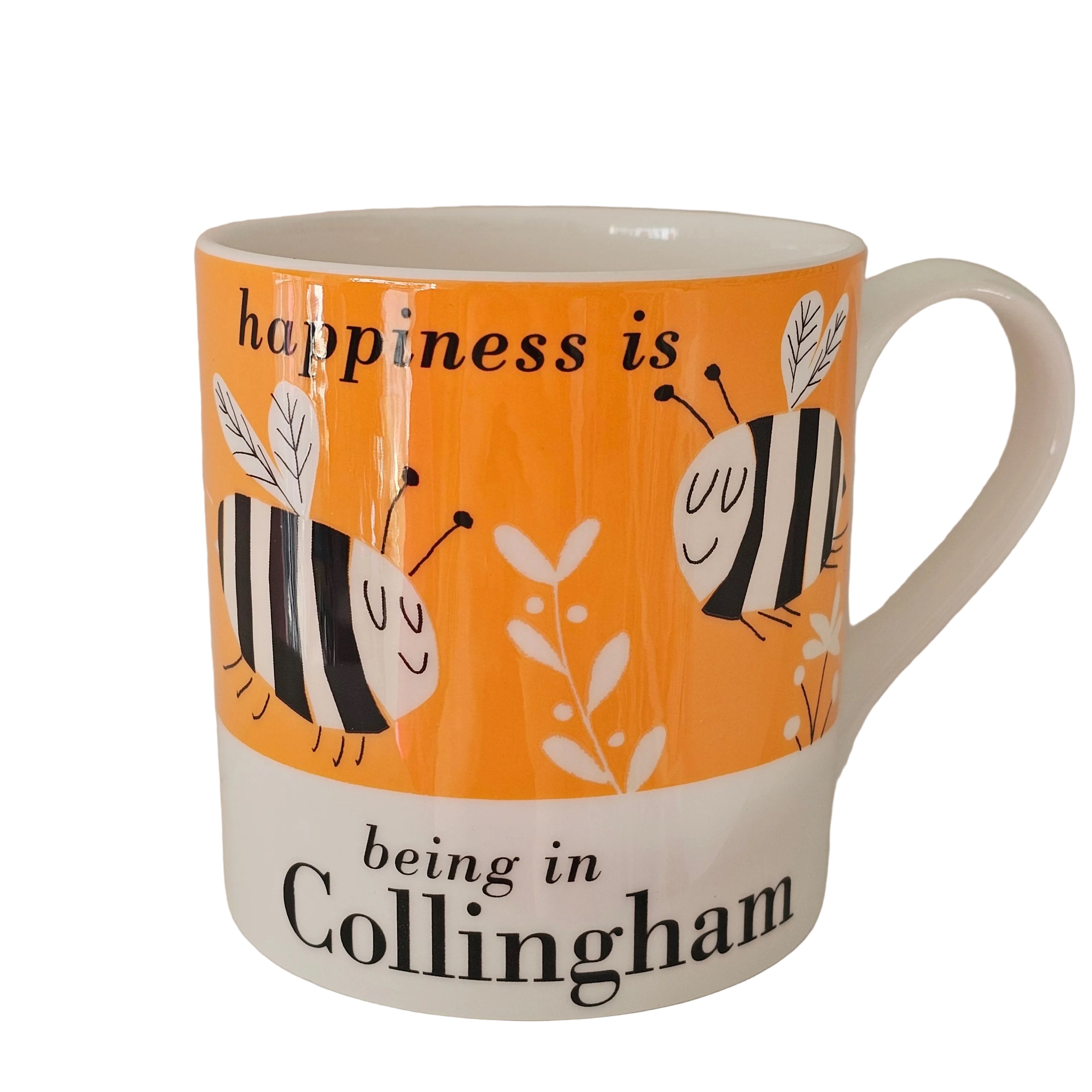 Mug with bee design and text 'happiness is being in Collingham' on an orange background