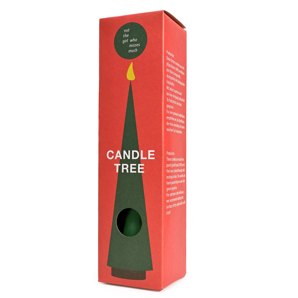 Box packaging of a candle tree product with red and green design.