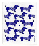 White cloth with blue dachshund pattern, brand 'Jangneus' visible