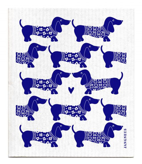 White cloth with blue dachshund pattern, brand 'Jangneus' visible