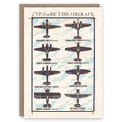 Greetings card with illustrations of types of British aircraft on a neutral background.