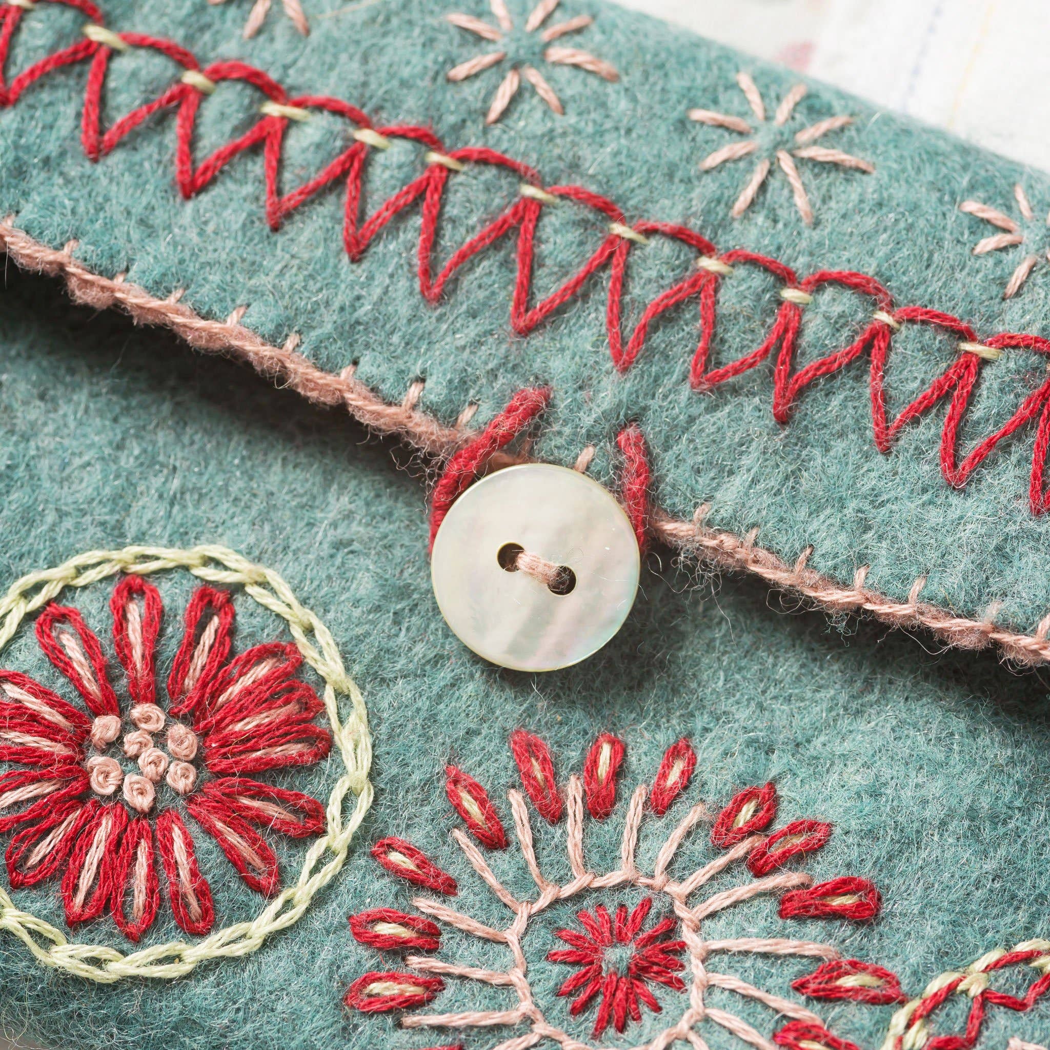 Detail of mother of pearl button and colourful embroidery on a light teal felt sewing pouch