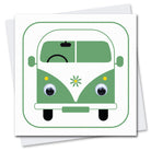 Illustrated greeting card featuring a green and white campervan with googly eyes on a white background with matching green border. 