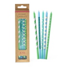 Pack of cake candles with green and blue patterns next to their packaging