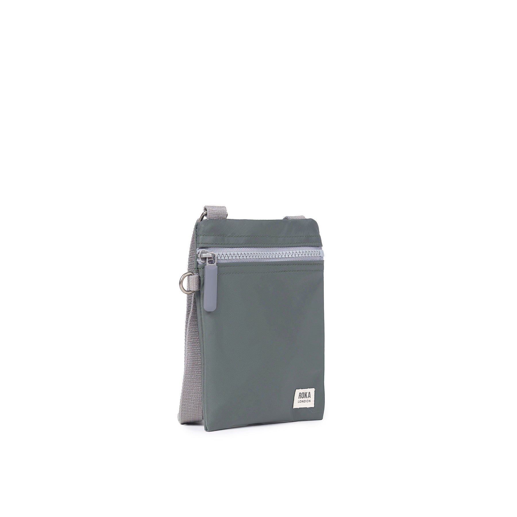 Gray crossbody bag with a visible brand logo on a white background