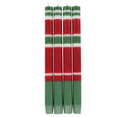 Four Christmas-themed taper candles with red, green, and white horizontal stripes, standing upright against a plain white background.
