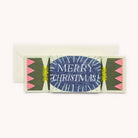 A Christmas card designed like a cracker,  shown folded flat.