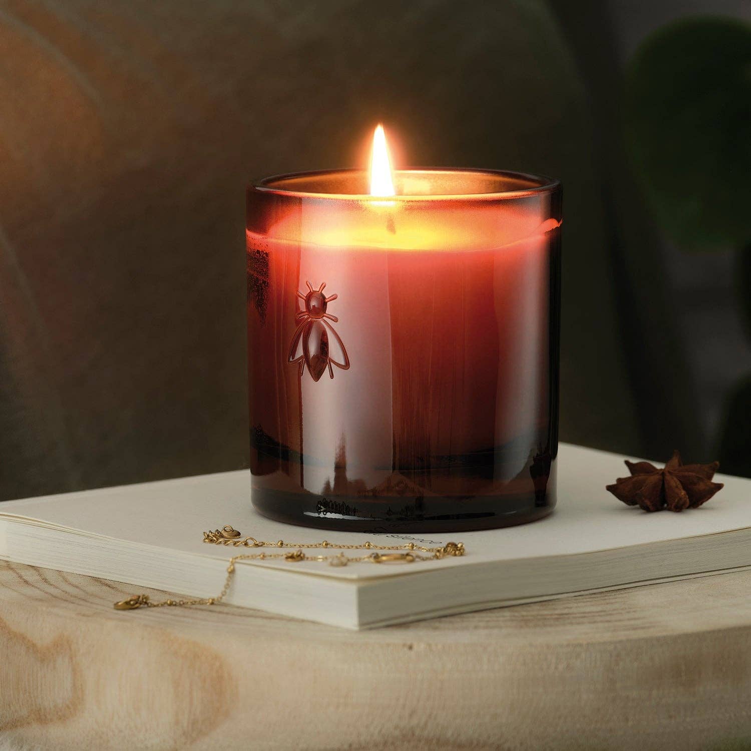 Candle with a bee design on a book, surrounded by star anise, on a wooden surface.