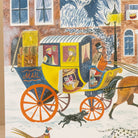 Illustration of a vintage mail coach with people and animals in a snowy scene.