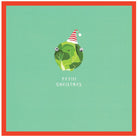 Illustration of a Christmas-themed brussels sprout with a Santa hat on a green background.