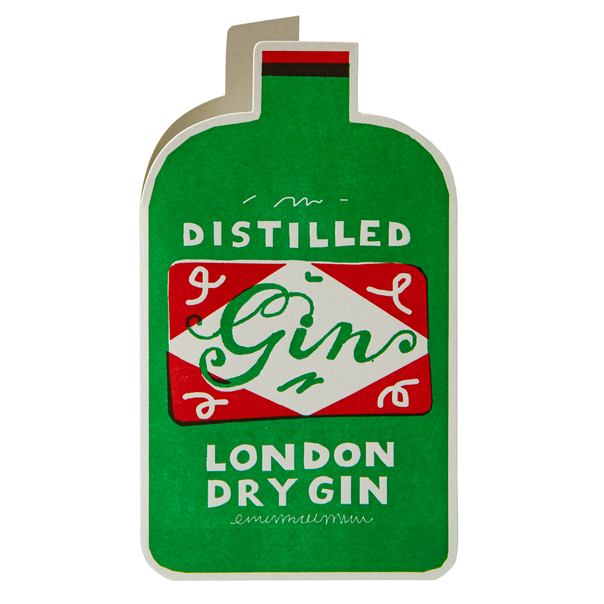A die-cut paper cutout greetings card shaped like a classic London Dry Gin bottle, featuring a textured green background with a red and white central label design and white text reading 'DISTILLED Gin LONDON DRY GIN'.