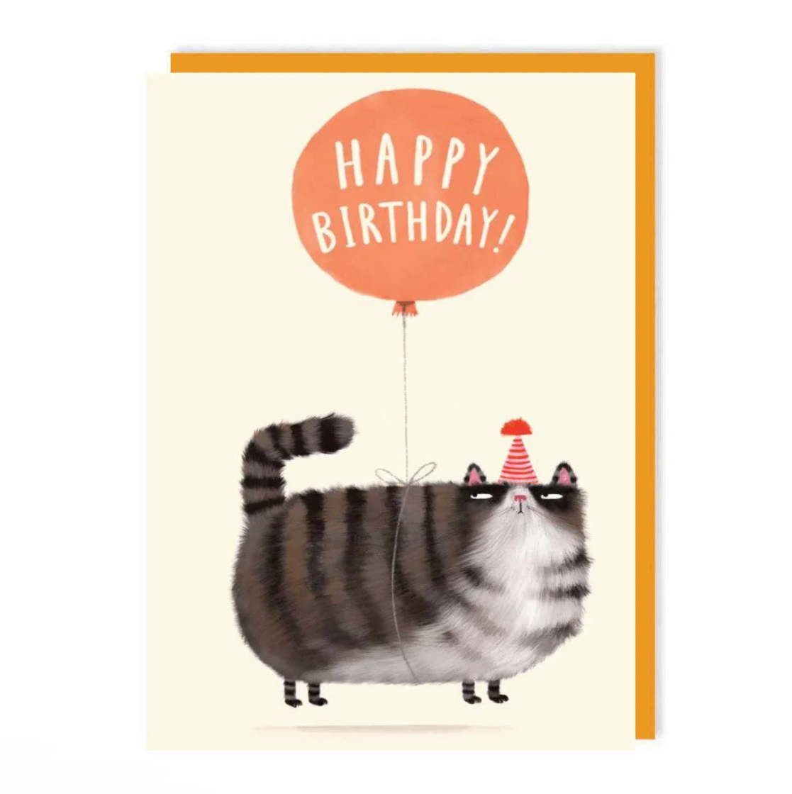 Illustrated greetings card, featuring a grey tabby cat wearing a red party hat, with an orange balloon tied from it’s waist which reads “HAPPY BIRTHDAY!” In capitalised text. 