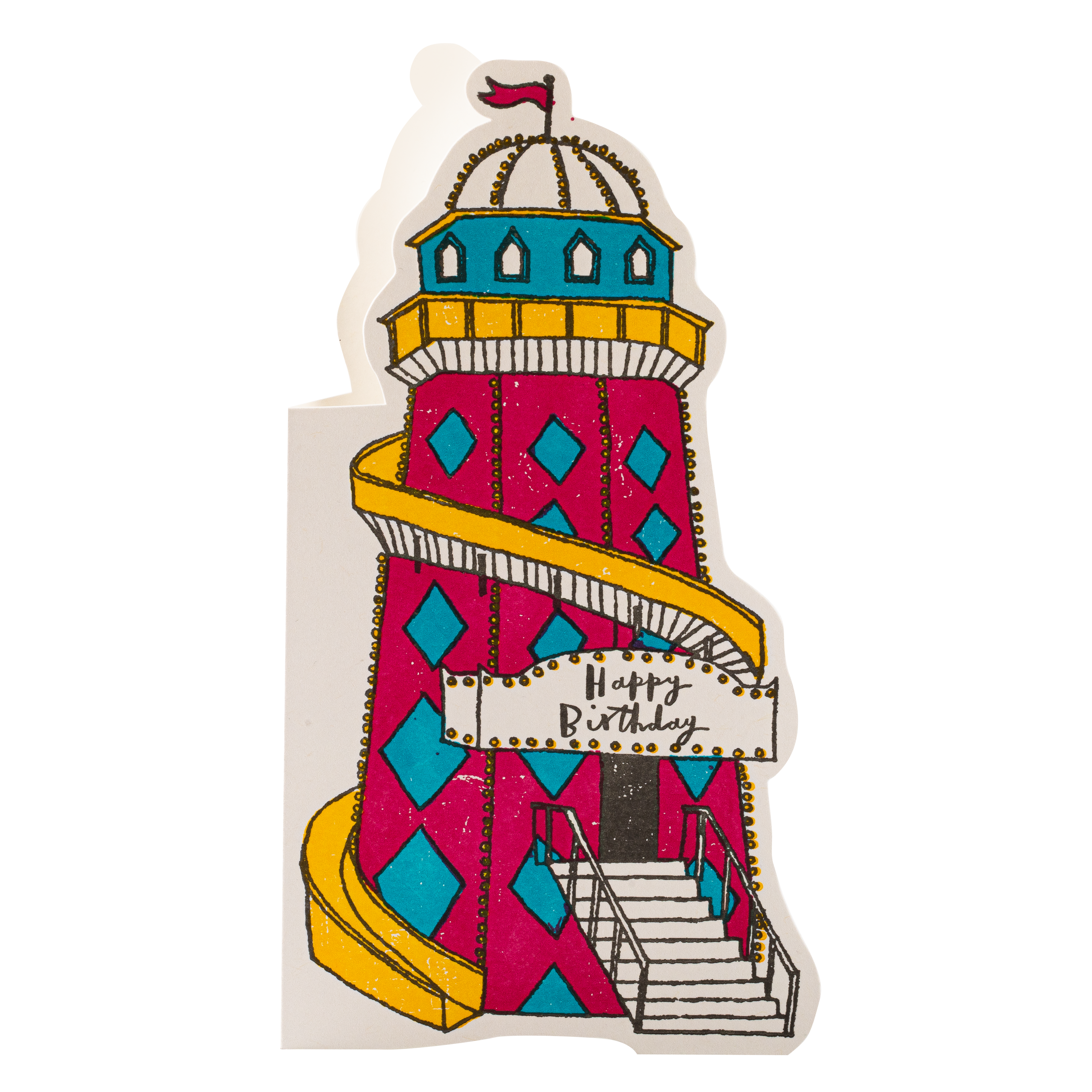 Illustrated cut out greetings card of a colourful helter skelter ride in blue, red and yellow, with a sign reading “Happy Birthday” 