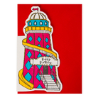 A die-cut card featuring a whimsical helter skelter illustration with red, turquoise, yellow, white, and black details, shown against a solid red background.