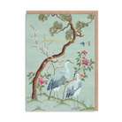Greeting card with birds, flowers, and 'Happy Birthday' text on a light green background.