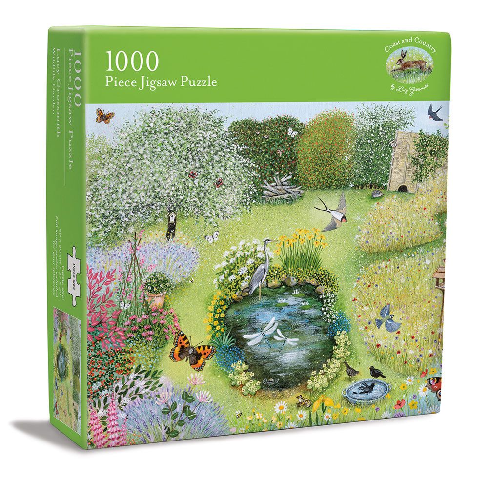 Jigsaw puzzle box with a garden scene featuring a pond, flowers, and butterflies.