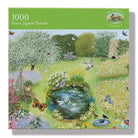 Jigsaw puzzle box with a garden scene design on a white background
