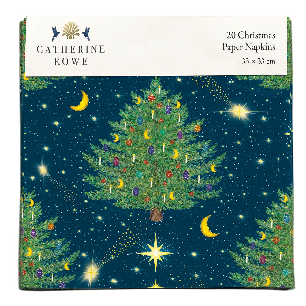 Catherine Rowe Christmas paper napkins with a festive tree design on a blue starry night background.