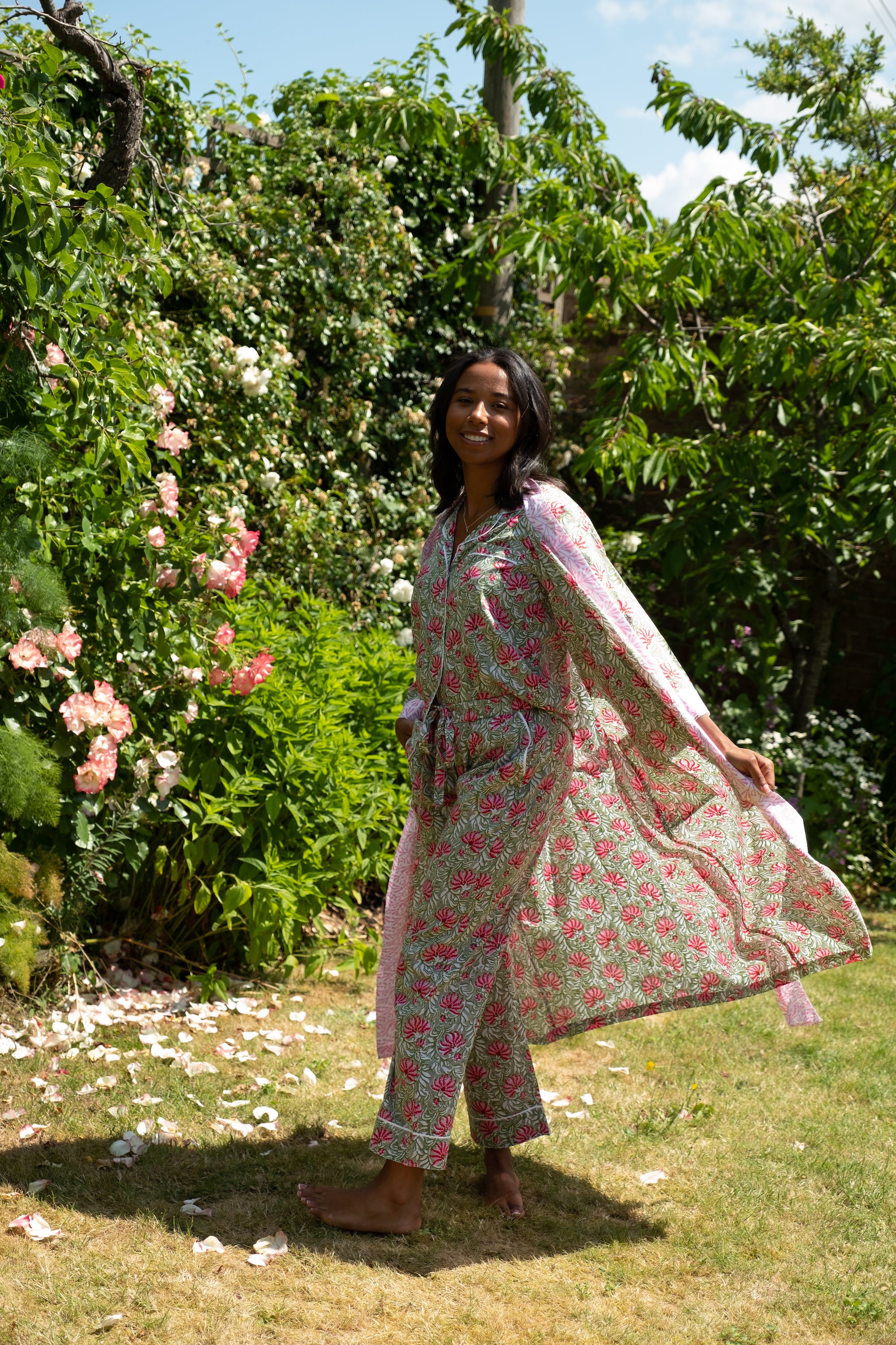 Pink and Green Jaipur Floral Cotton Full Length Kimono