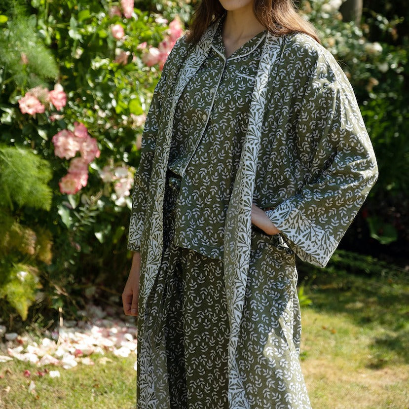 green leaf design block print kimono with matching pjs 