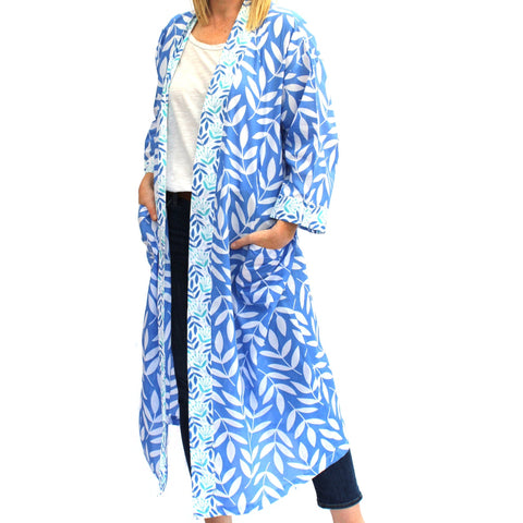 NEW Full Length Cotton Kimono - Large Leaf China Blue